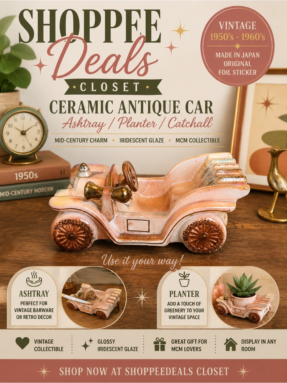 Vintage MCM Japan Ceramic Antique Car Ashtray Planter Catchall 1950s–60s
